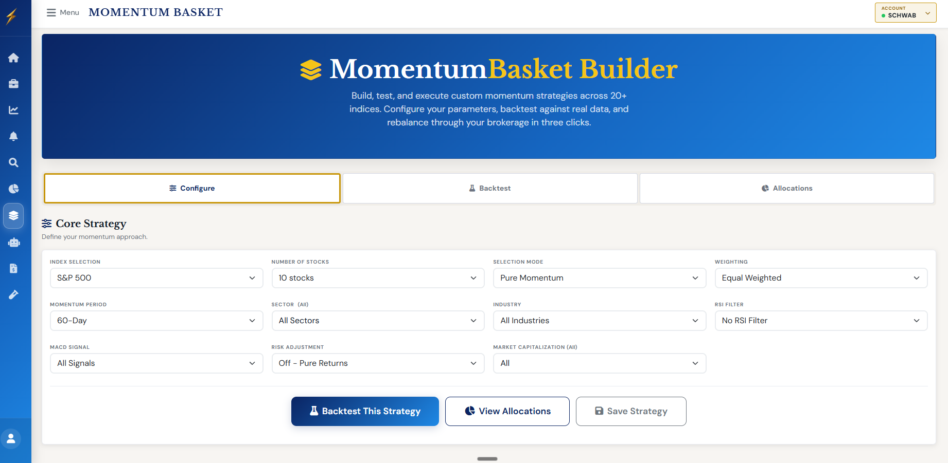 SignalStrike Basket Builder — design custom momentum baskets with 1,000+ parameter combinations