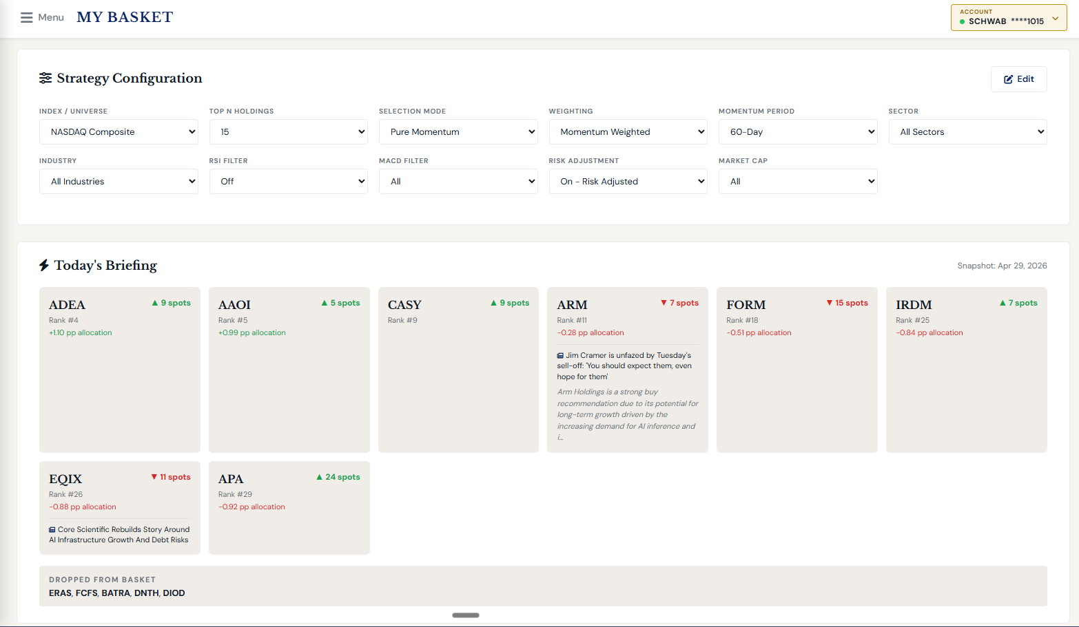 SignalStrike Basket Briefings — daily basket-level email and push briefings with movers and AI commentary