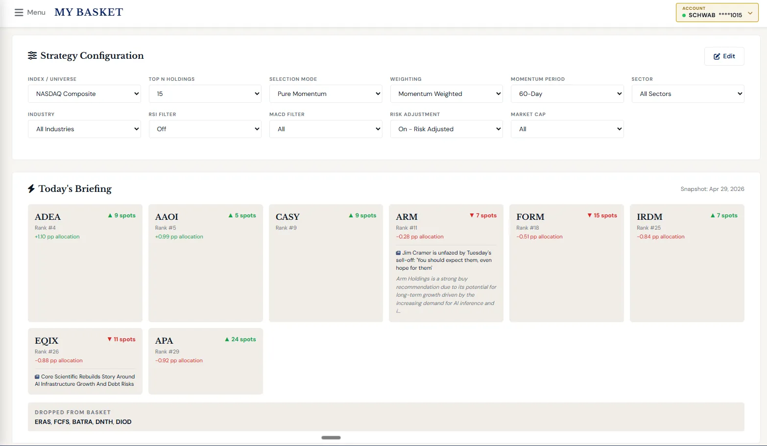 SignalStrike Basket Briefings — daily basket-level email and push briefings with movers and AI commentary