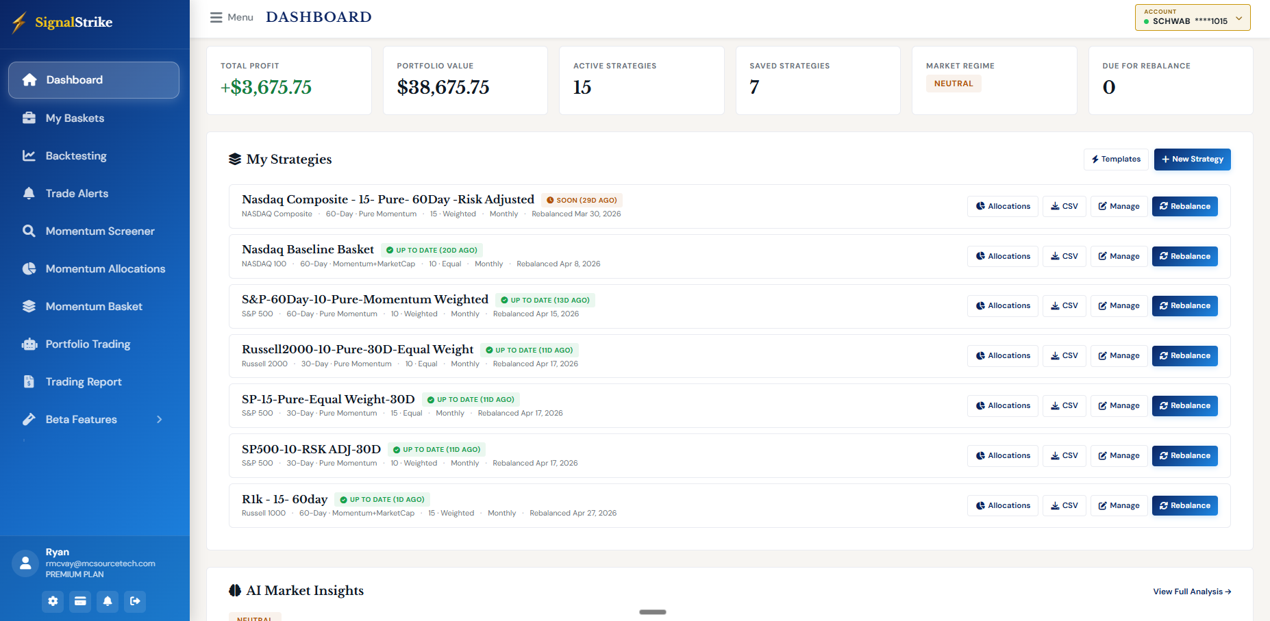 SignalStrike Dashboard — your active strategies, P&L, and market regime at a glance