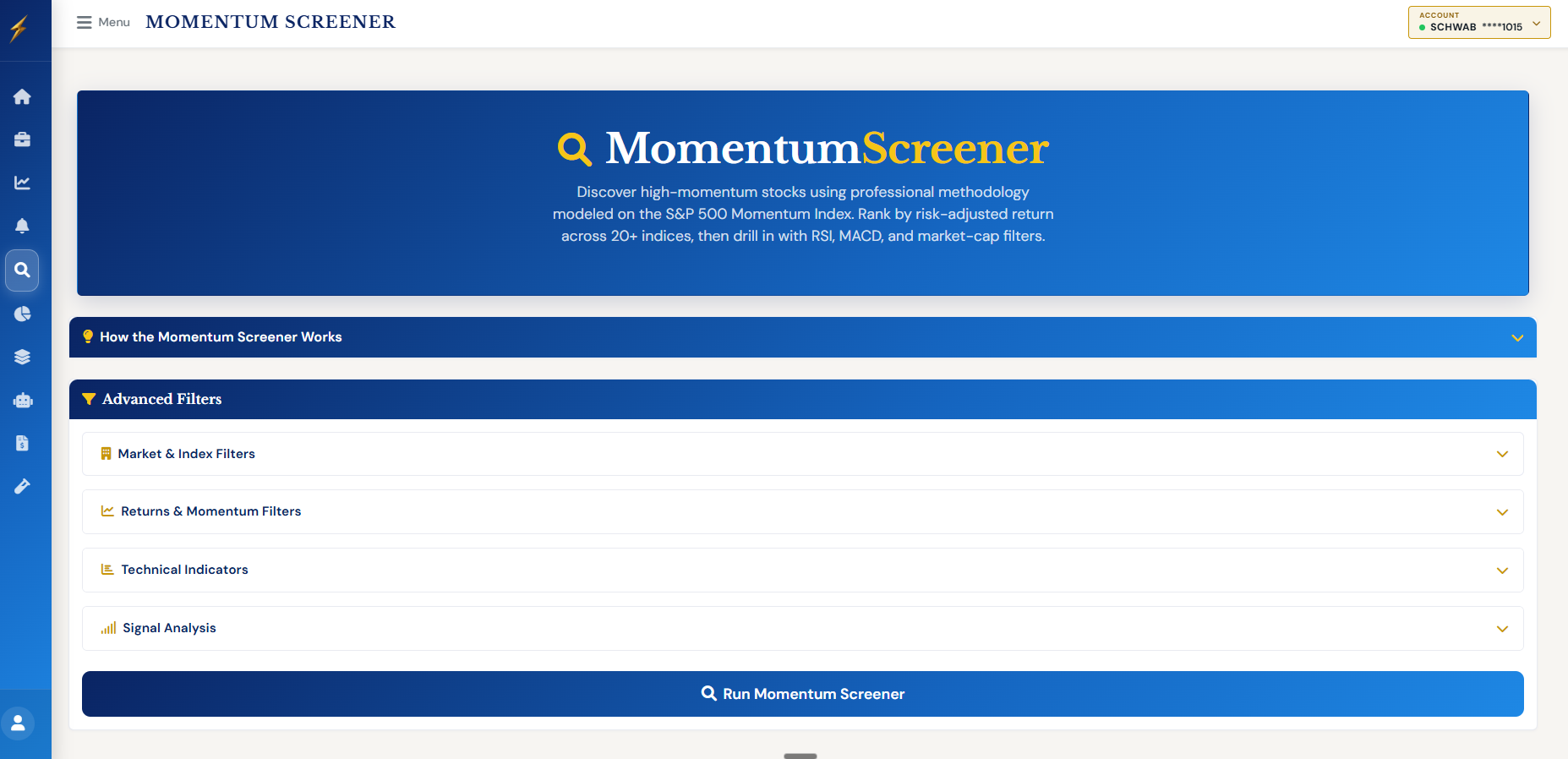 SignalStrike Momentum Screener — screen 1,600+ stocks daily across 20+ indices
