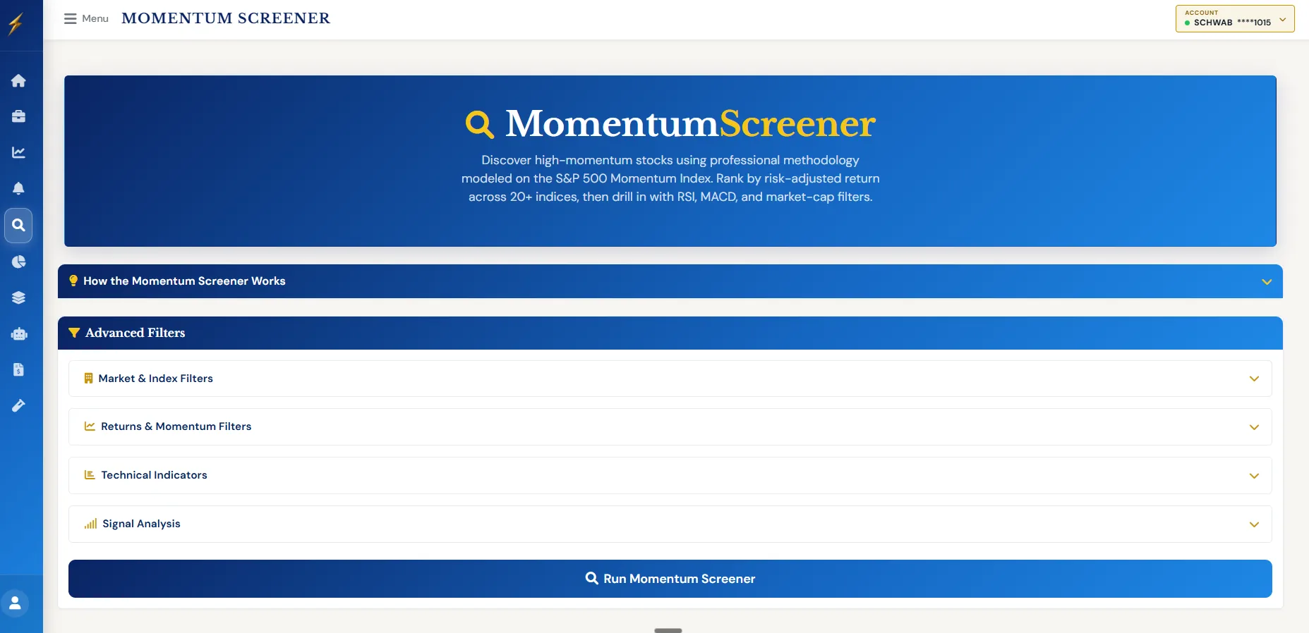 SignalStrike Momentum Screener — screen 3,000+ stocks daily across 20+ indices